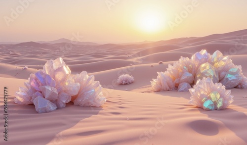 Crystalline Formations Rising From Rose Sand Dunes Under Soft Golden Light