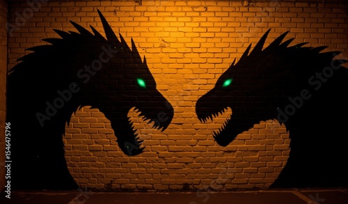 Shadow Beasts on Brick Wall – Urban Fantasy, Mysterious Creatures, Amber Light, Shallow Depth