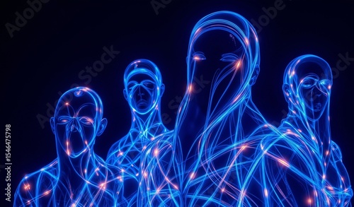 Abstract Veiled Figures Formed By Iridescent Cables Against Indigo Backdrop, Neon Highlights