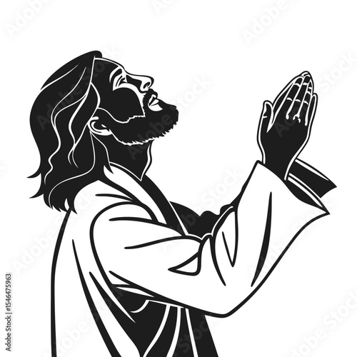 Isolated Black and white silhouette of Jesus with open hands, symbolising grace, welcome, and divinity
