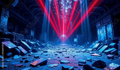 Abstract Neon Circuitry Backdrop: Indigo, Cyan, Crimson Light, Shattered Metallic Debris