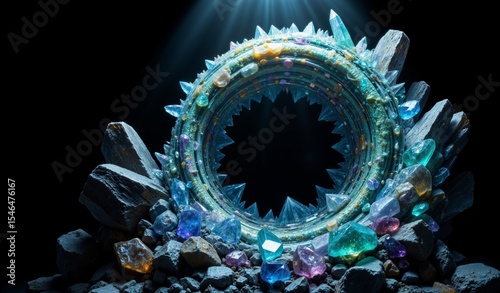 Iridescent Vortex: Crystalline Structures Swirling In Sapphire, Emerald, And Amethyst Shades