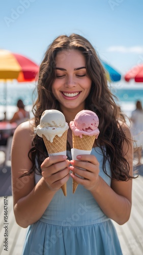 A woman holding two ice cream cones