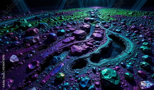 Interlocking Violet And Emerald Crystalline Structures, Fractal Geometry, Dramatic Lighting, Expansive Plane