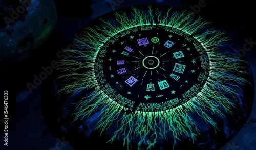 Bioluminescent Mycelium Networks on Obsidian Surface: Mysterious Subterranean Grotto Scene