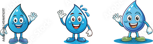 blue water drop cartoon  character mascot set vector illustration