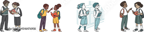 Student kids talking to each other set vector illustration