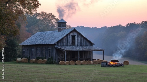 Rustic farmhouse at dawn, with hay bales and a fire