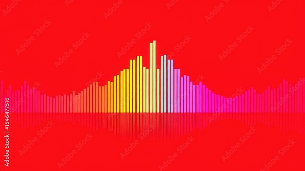 Fototapeta premium Colorful sound wave bars against a red background with a reflection below