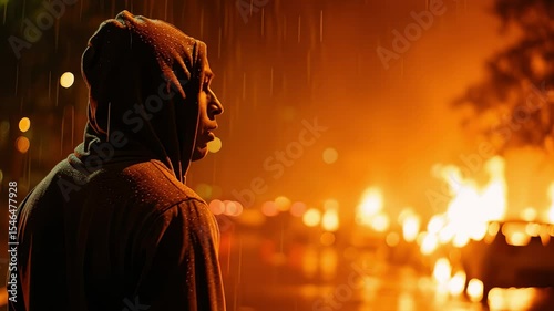 Protestor watching burning cars in the rain at night
