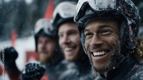 Celebrating victory in the snow with a bobsled team full of joy and triumph in a winter wonderland