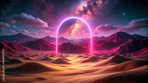 Glowing Pink Portal in a Night Desert Landscape