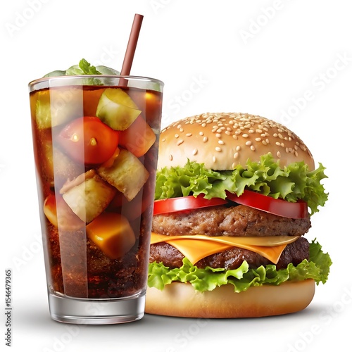 Hamburger with iced soda drink isolated on a transparent background