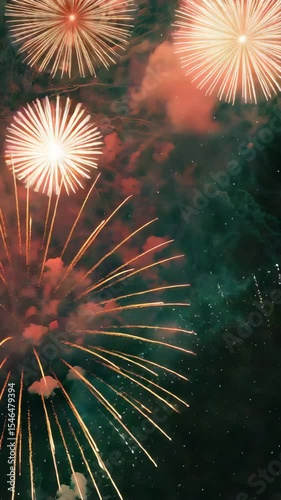 Vibrant red fireworks lighting up the night sky.