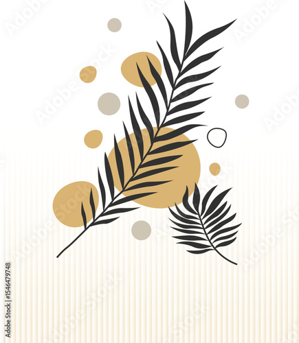 Abstract botanical composition with fern leaves and golden shapes Flat botanic design boho wall art