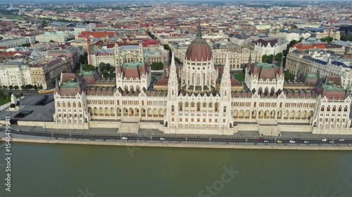 Aerial around view of Budapest city and Hungarian Parliament building on Danube river, Hungary, 4k