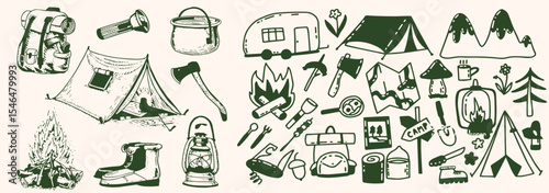 Hand-drawn travel and camping icons set in monochrome style