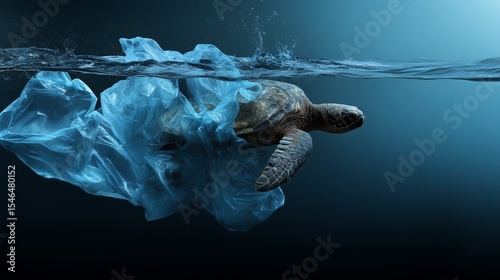 Sea turtle entangled in plastic underwater.  A somber image highlighting ocean pollution.