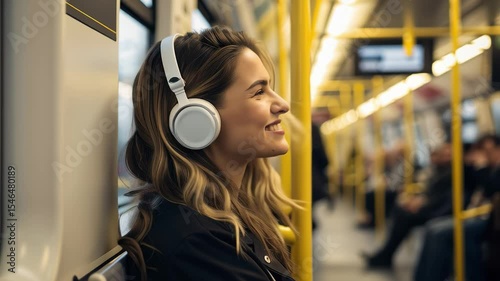 Young woman enjoying music on subway commute
