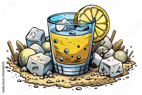 Gin fizz cocktail with ice cubes and lemon slice in tall highball glass fizzy citrus vector drink perfect for summer menus, mixology art, or bar designs