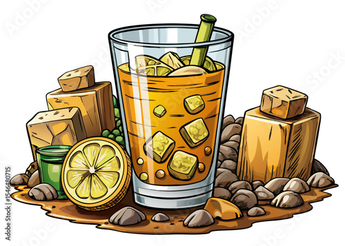 Gin fizz cocktail with ice cubes and lemon slice in tall highball glass fizzy citrus vector drink perfect for summer menus, mixology art, or bar designs