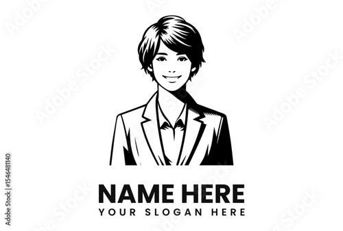 A monochrome illustration of a smiling woman in business attire, with text below.