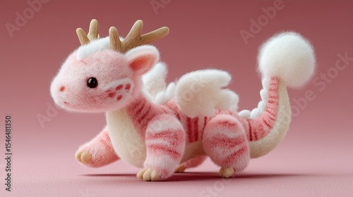 Adorable pink plush dragon with fluffy tail and wings.