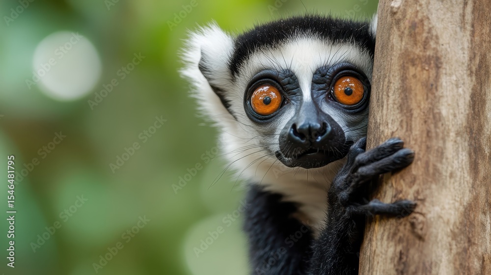 Obraz premium A captivating close-up of a lemur with striking orange eyes, peeking curiously from behind a tree trunk, showcasing its unique features and natural habitat.