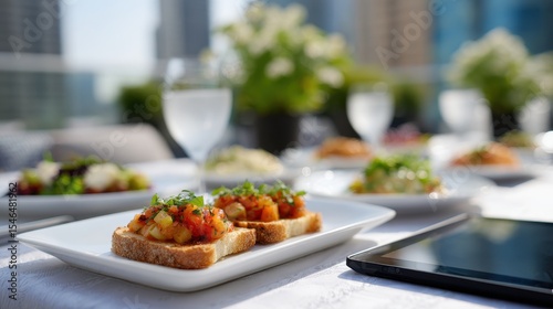 Gourmet Finger Food Lunch Meeting on Urban Rooftop with City View