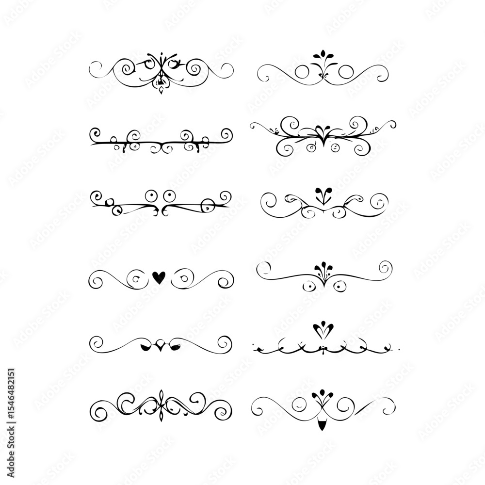 Obraz premium Text dividers doodle set. Wedding decorative elements with leaves, swirls, hearts. Divider ornament, borders, lines. Hand drawn vector illustration isolated on white background