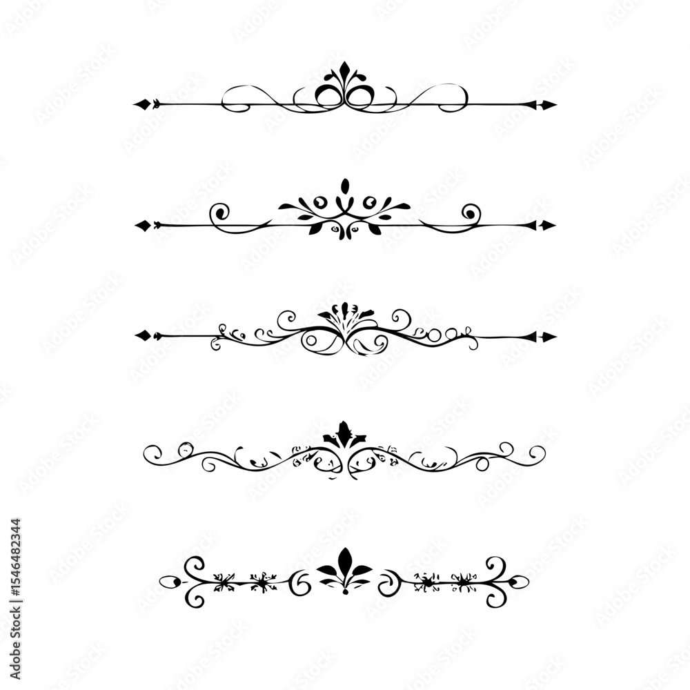 Obraz premium Text dividers doodle set. Wedding decorative elements with leaves, swirls, hearts. Divider ornament, borders, lines. Hand drawn vector illustration isolated on white background 