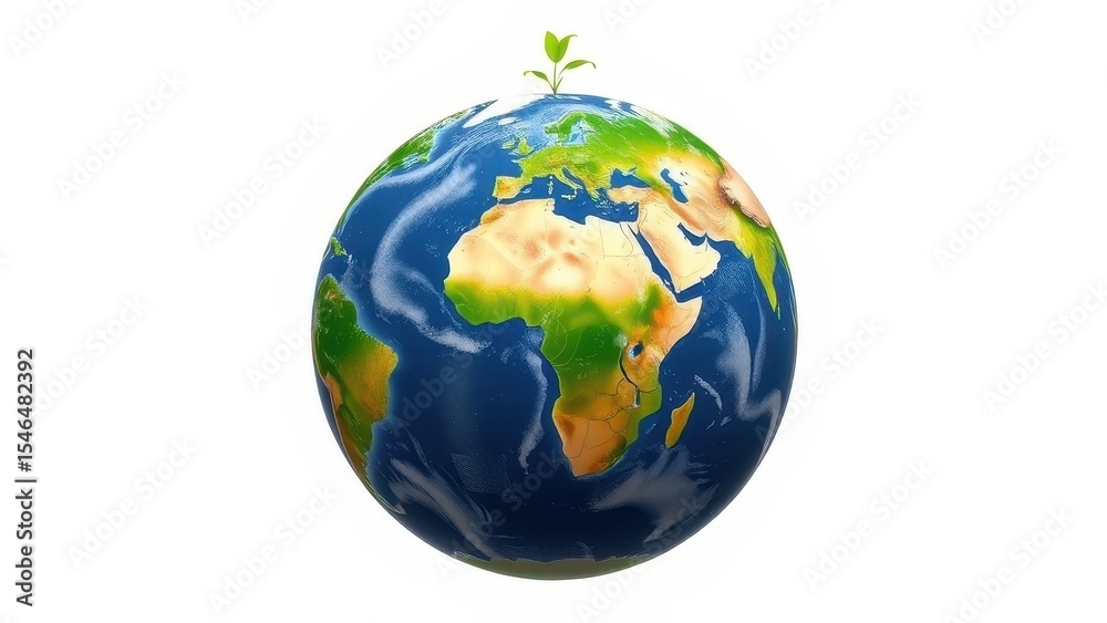 Fototapeta premium Earth globe with a small green plant growing on top against a white background