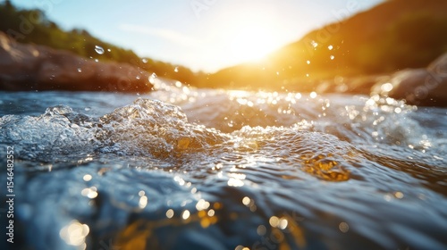 The image portrays sparkling water surface with captivating splashes illuminated by sunlight, creating a serene imagery that reflects nature's beauty and fluidity.