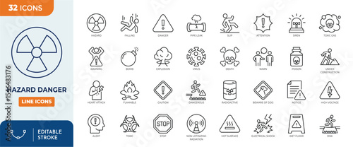 Hazard danger line editable icon set. Containing danger, warning sign, alert, toxic, attention, siren, caution, bomb, and more icons. Editable stroke. Vector illustration