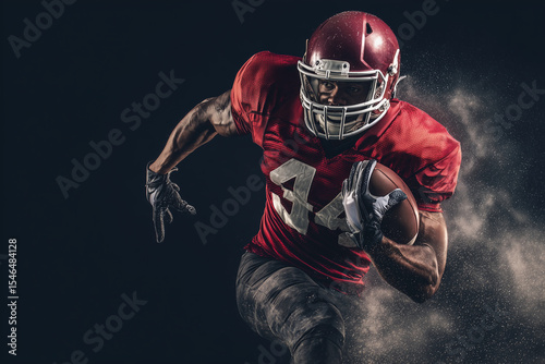 A football player in a red jersey with the number 44 on it is running with a football. The image has a dark background and a sense of motion