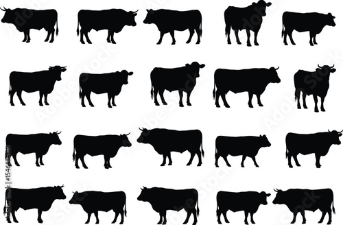 Bull silhouette vector collection, farm animal poses, aggressive and calm stance, livestock icon design, black artwork, ranch cattle illustration, horned bovine artwork