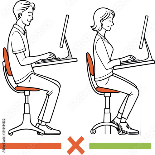 Ergonomic Sitting Posture Comparison: Proper vs Improper Desk Setup with Skeletal View