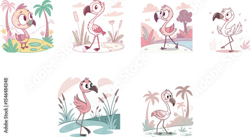 Baby flamingo bird set vector illustration