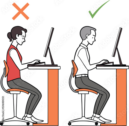 Correct vs Incorrect Sitting Posture at Desk with Skeletal Alignment and Ergonomic Tips Illustration