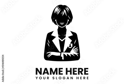 Silhouette illustration of a woman in a blazer with crossed arms, smiling, with text placeholders for name and slogan.