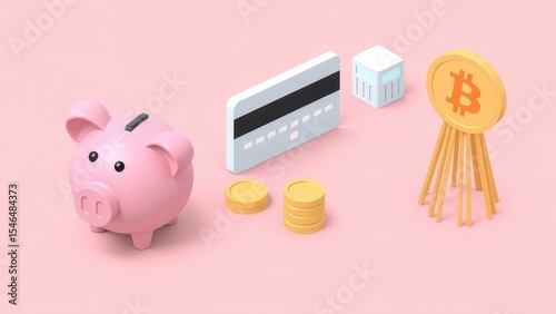 Piggy bank, credit card and bitcoin coin on pink background representing savings