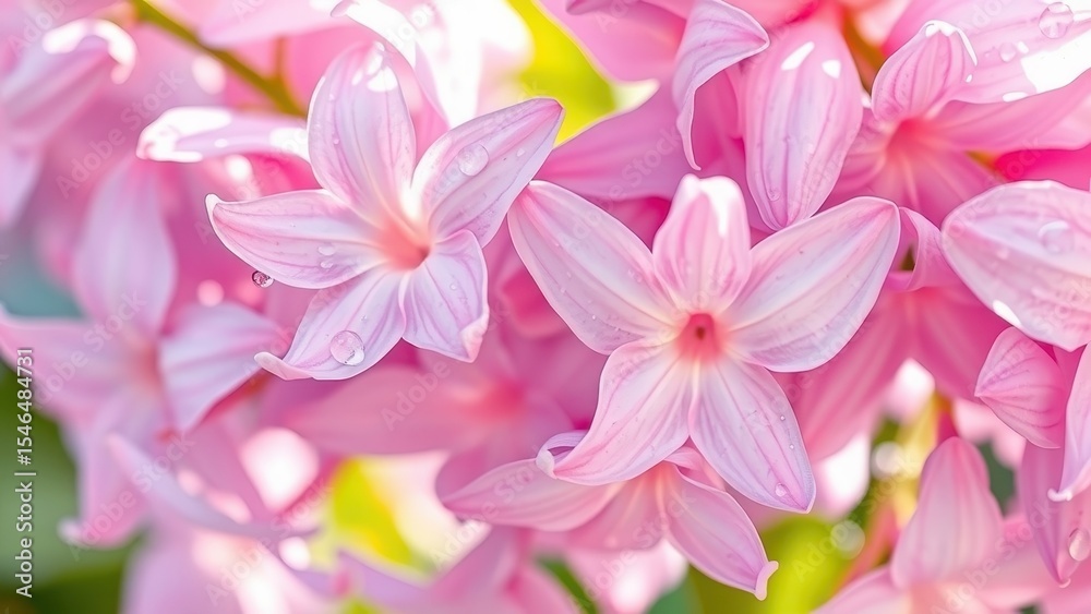 Close-up of pink hyacinth flowers with water droplets in soft light