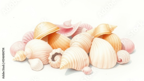 Collection of assorted seashells in pastel colors on a white background