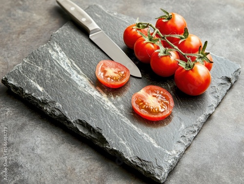 Tomato on lovely black stone with knife on the side.