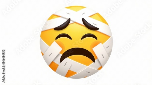 Sad emoji with bandages wrapped around its head on a white background