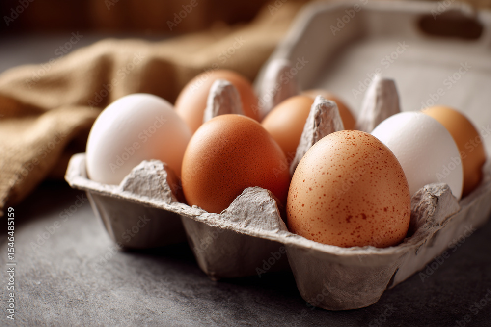 A carton of eggs with a white and brown egg in the middle. The carton is open and the eggs are sitting on a counter A carton of eggs with a white and brown egg in the middle. The carton is open and the eggs are sitting on a counter