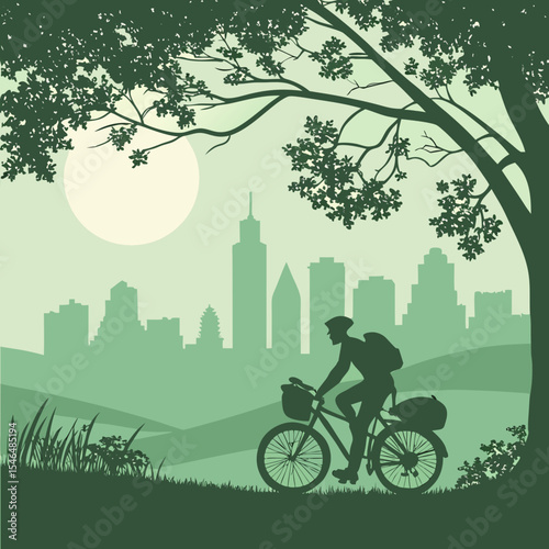 Silhouette of cyclist riding bike near city skyline with tree and moon in green tones landscape