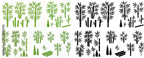 Vector Set Cartoon bamboo. Asian forest plant with branches and leaves, green bamboo sprouts, Chinese or Japanese flora flat vector illustration set. Bamboo plant collection  and silhouette