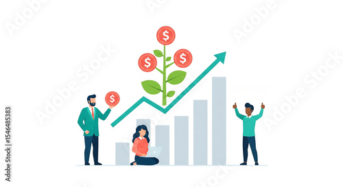 Business Growth Vector Illustration with Team and Graph

