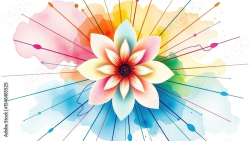 Watercolor flower with colorful splashes, radiating lines on white background